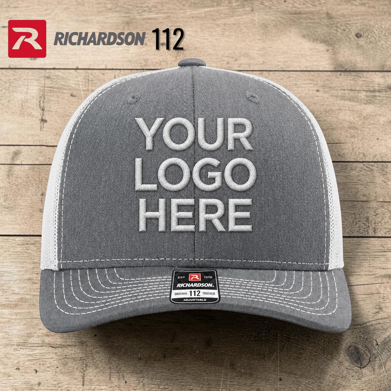 Richardson 112 trucker hat with blank front panel for custom embroidery.