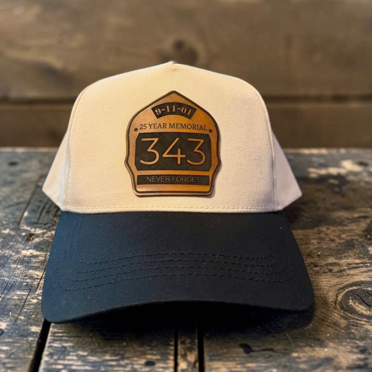 9/11 25th memorial hat with a laser-engraved 343 Never Forget leather patch on a Richardson 323