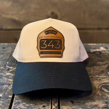 9/11 25th memorial hat with a laser-engraved 343 Never Forget leather patch on a Richardson 323