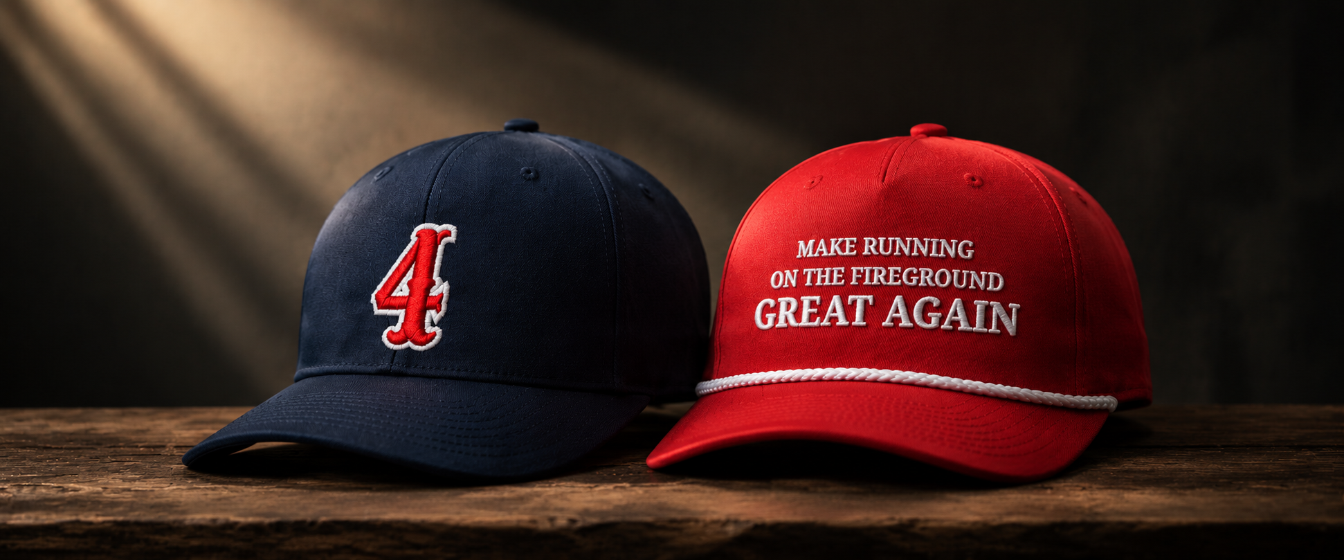 Two baseball caps displayed side by side on a rustic wooden surface against a dark, dramatic background. The left cap is navy blue with a red embroidered number 4.