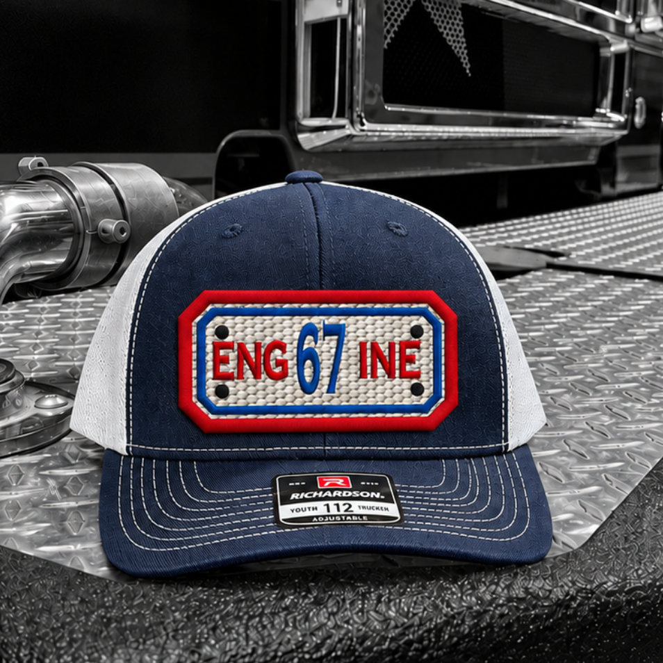 Backstep Hose Hat with an ENG 67 fire hose patch on the front