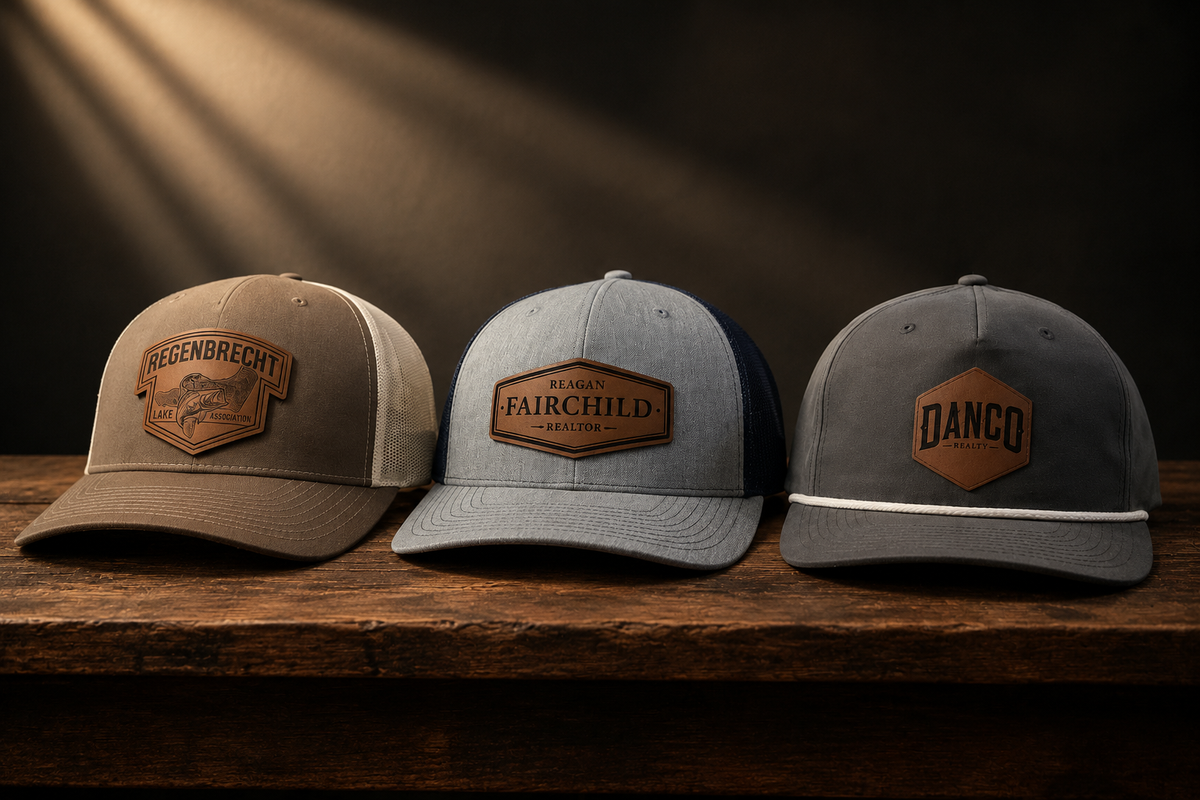 Three trucker-style baseball caps displayed side by side on a wooden surface against a dark background with dramatic light rays. The left cap is taupe and beige with a brown leather patch reading 'REGENBRECHT'; the center cap is light gray and navy with a brown leather patch reading 'BEAN'S FAIRCHILD WYONING'; the right cap is dark gray with a white stripe and a brown leather patch reading 'DANCO'.slider_item_L7nJX3
