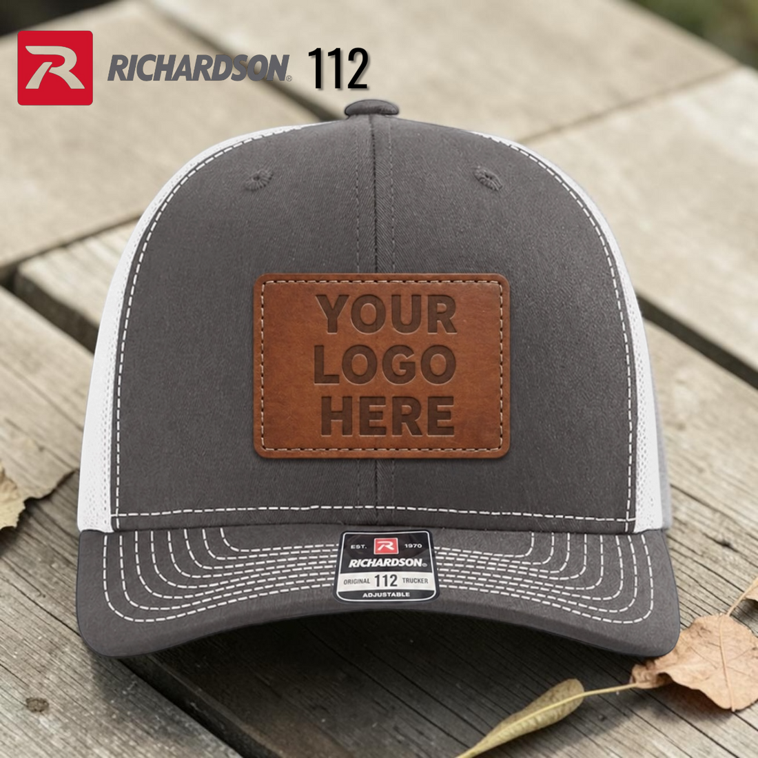 Custom hat with a laser-engraved genuine leather patch for your logo.