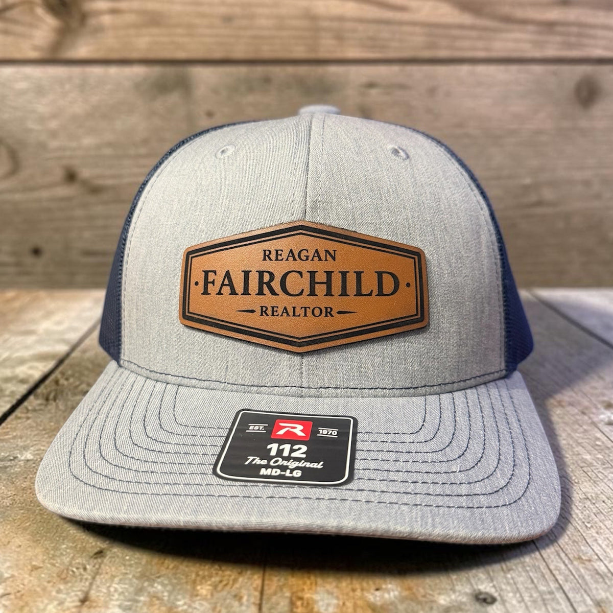 Custom leather patch hat on a Richardson 112 cap for Reagan Fairchild Realtor